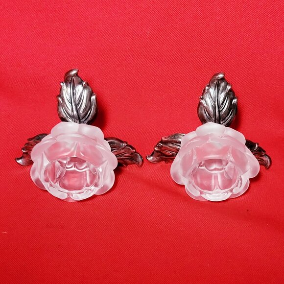 Vintage Pair PM Italy Frosted Glass Rose Silver Plate Leaves Candle Holder - Picture 11 of 13